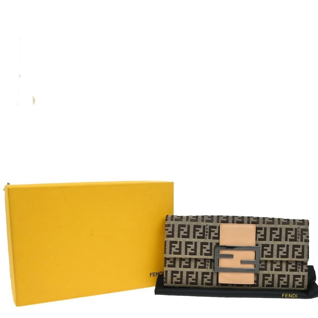 Fendi Logo Zucca Pattern Long Bifold Wallet Canvas Leather Brown 01eg350